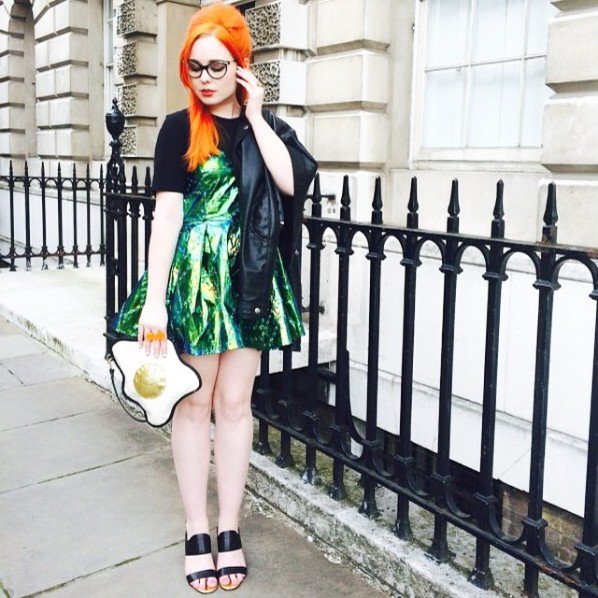 Wearing the green holigraphic Chrysalis dress to LFW 